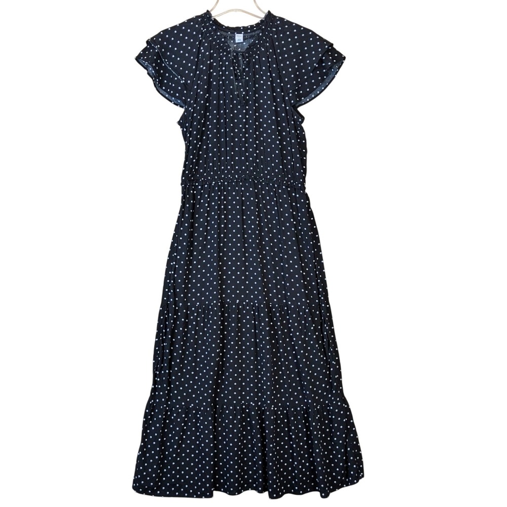 Old Navy Women Boho Modest Polka Dot Tiered Maxi Dress L Black Flutter Sleeve